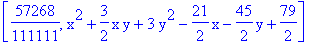 [57268/111111, x^2+3/2*x*y+3*y^2-21/2*x-45/2*y+79/2]